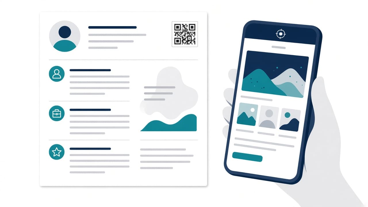 Printed resume with a small QR code being scanned by a smartphone that shows a portfolio