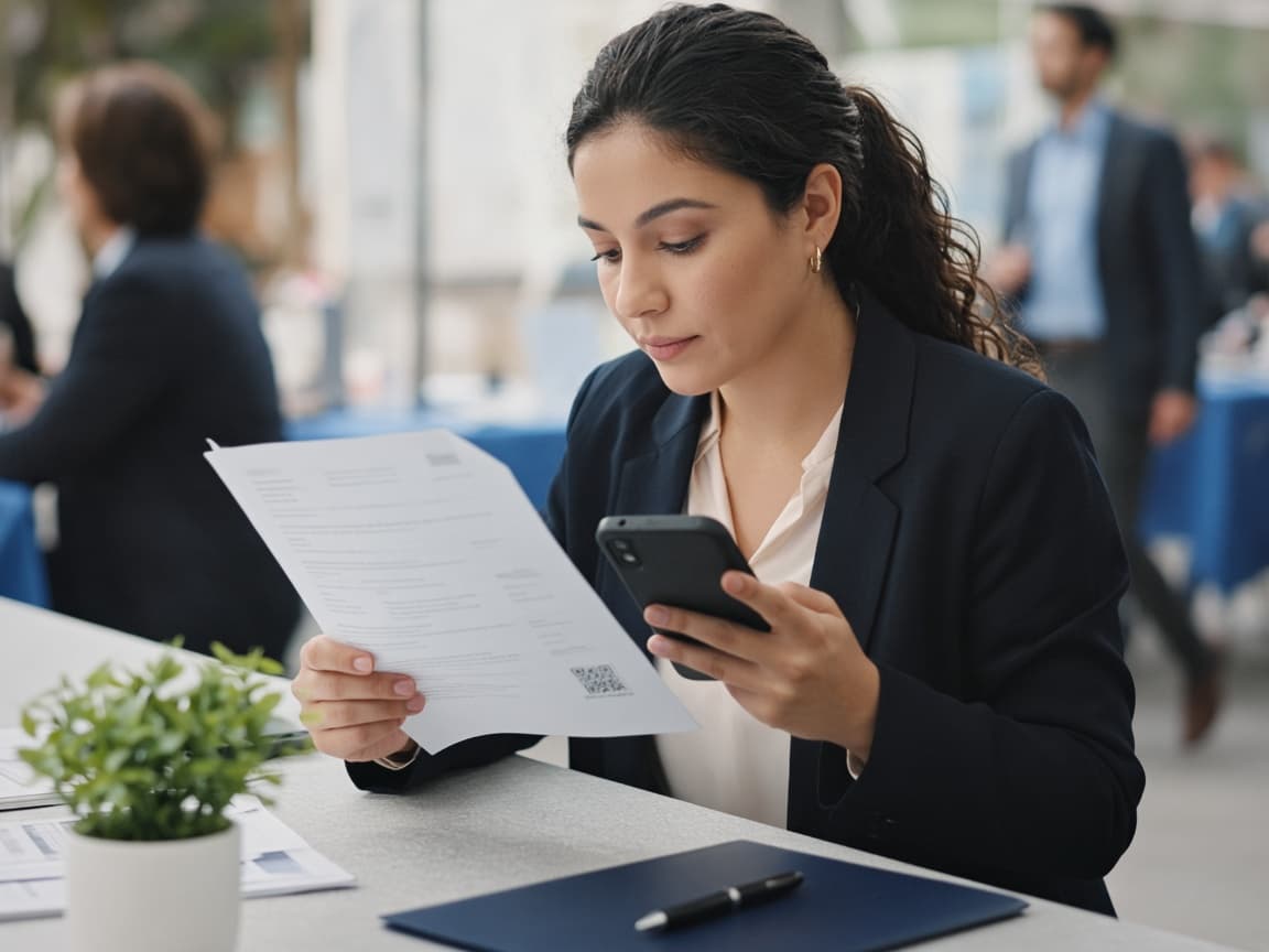 Recruiter at a career fair scanning a QR code on a printed resume