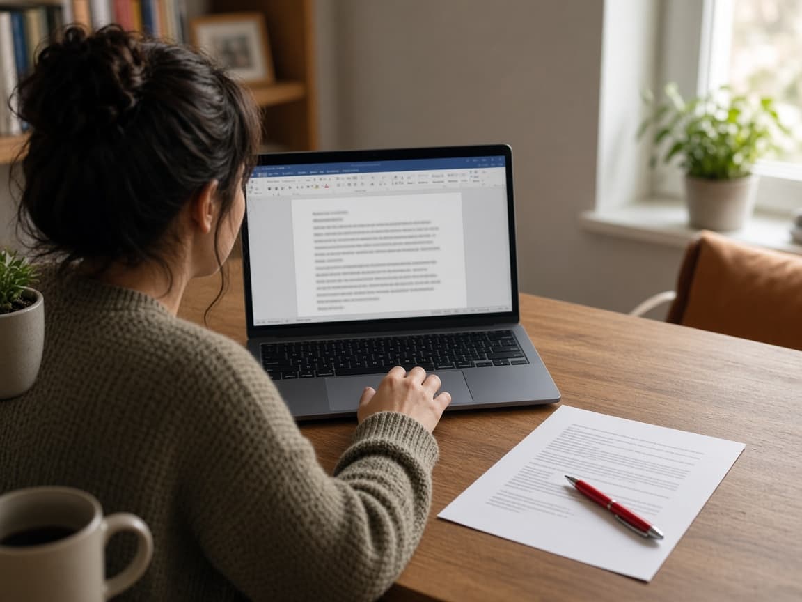 Job seeker editing a cover letter draft on a laptop with a printed copy and red pen