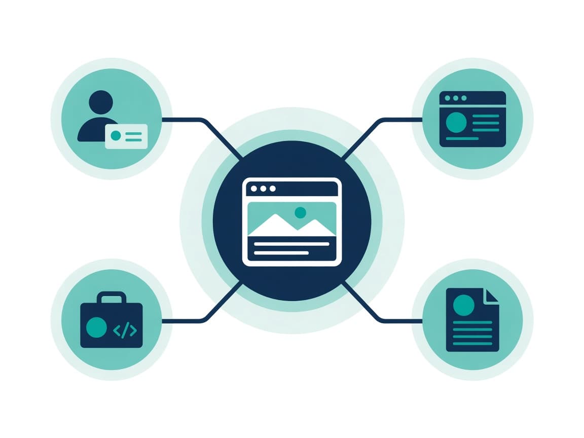 Diagram of a personal website linked to a professional profile, blog, code repository and article