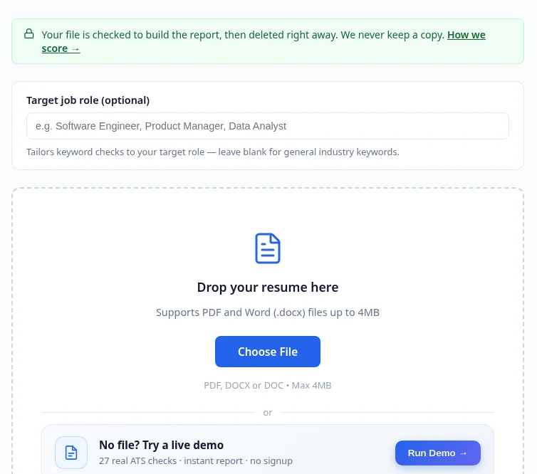 ATS Resume OS free ATS resume checker upload screen with optional target job role field, accepting PDF and DOCX files up to 4MB