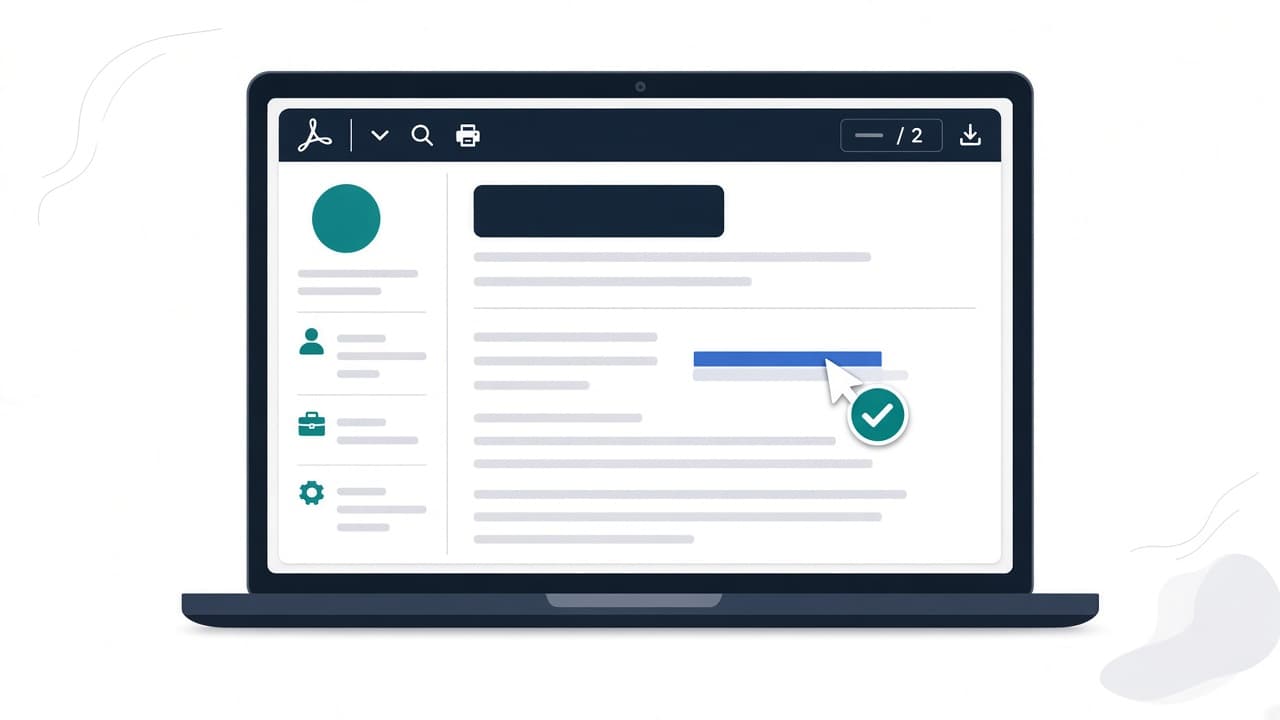 Laptop showing a PDF resume with a line of text being selected